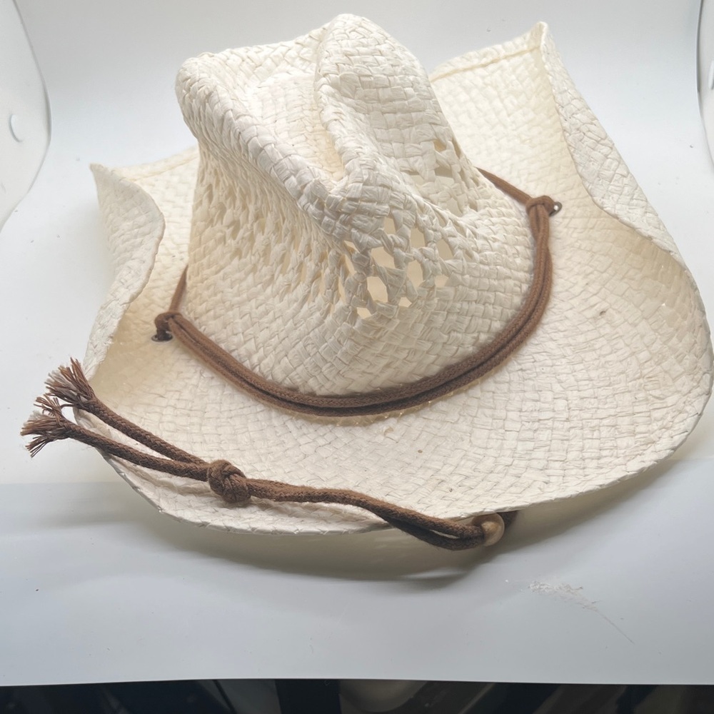 White Straw Cowboy Hat with Brown Band